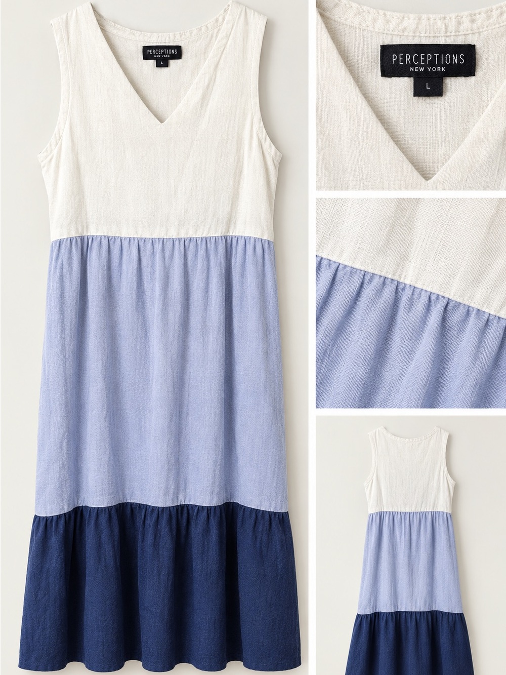 Perceptions Colorblock Sleeveless V-Neck Dress in White, Light Blue & Navy